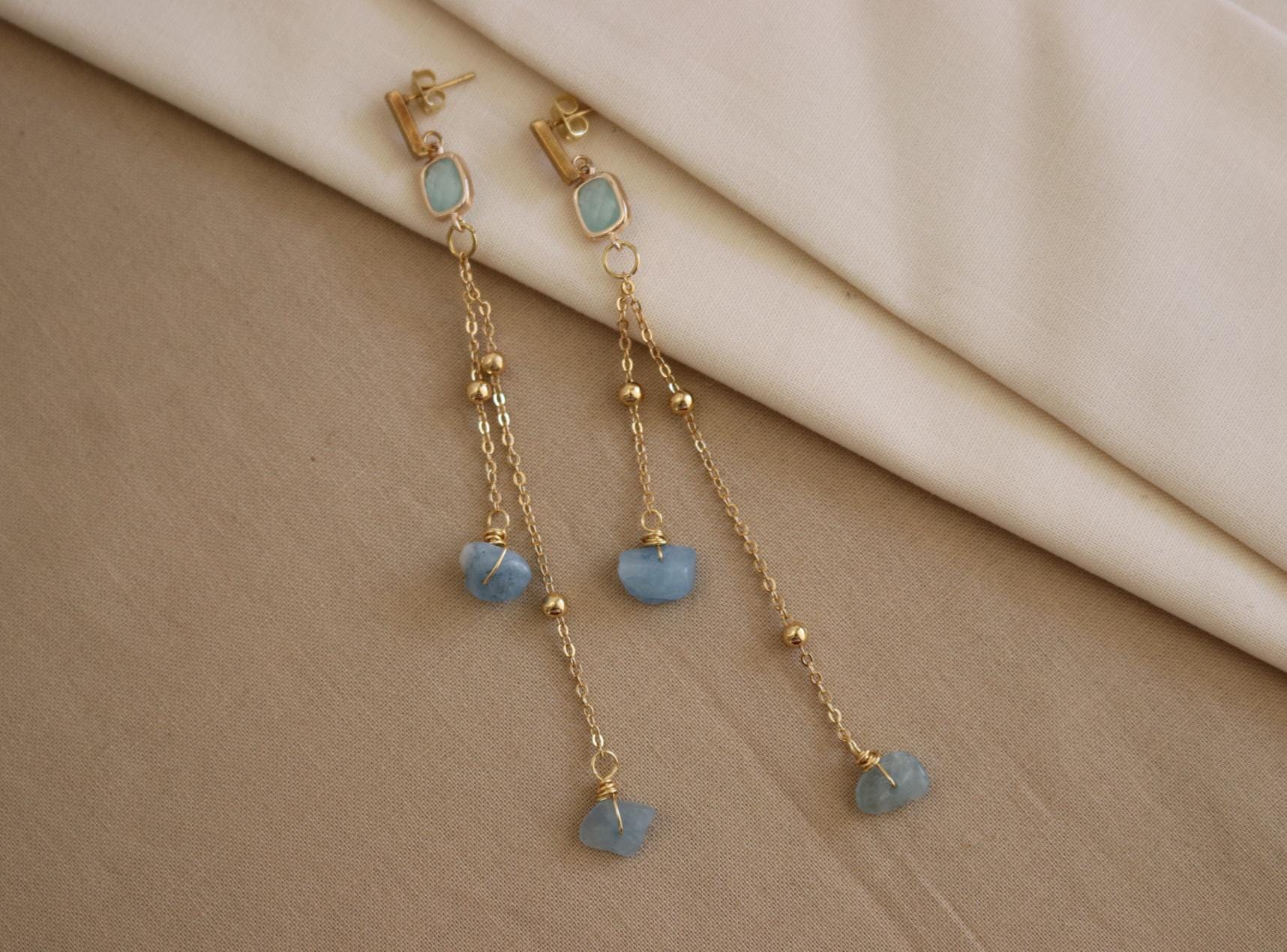 Aquamarine Earrings, BirthstoneEarrings, Threader aquamarine earrings,Raw Aquamarine Hoops, blue earrings, tiny gemstone, march birthstone