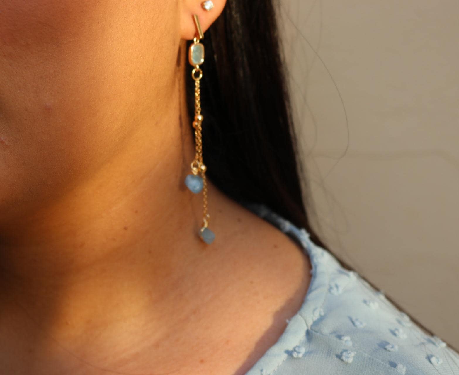 Aquamarine Earrings, BirthstoneEarrings, Threader aquamarine earrings,Raw Aquamarine Hoops, blue earrings, tiny gemstone, march birthstone