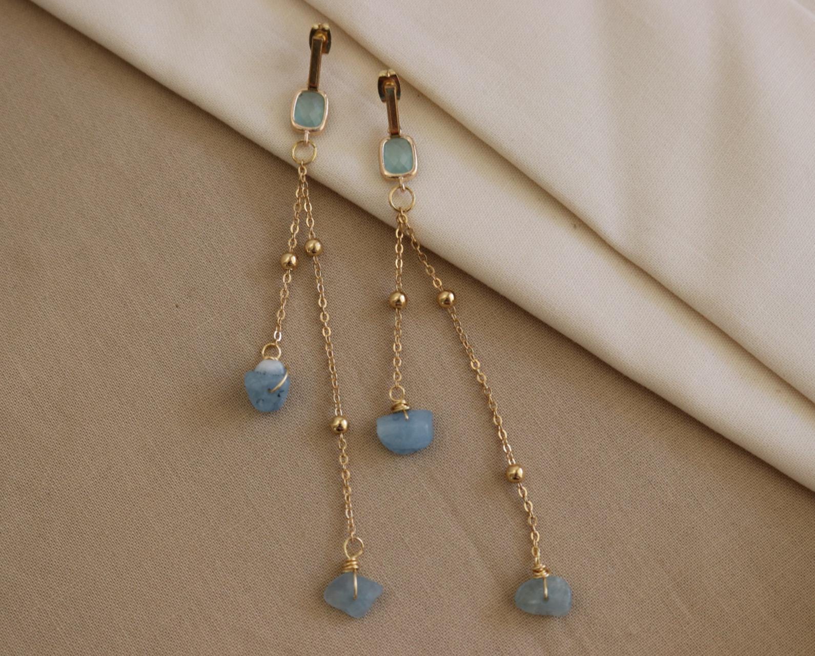 Aquamarine Earrings, BirthstoneEarrings, Threader aquamarine earrings,Raw Aquamarine Hoops, blue earrings, tiny gemstone, march birthstone