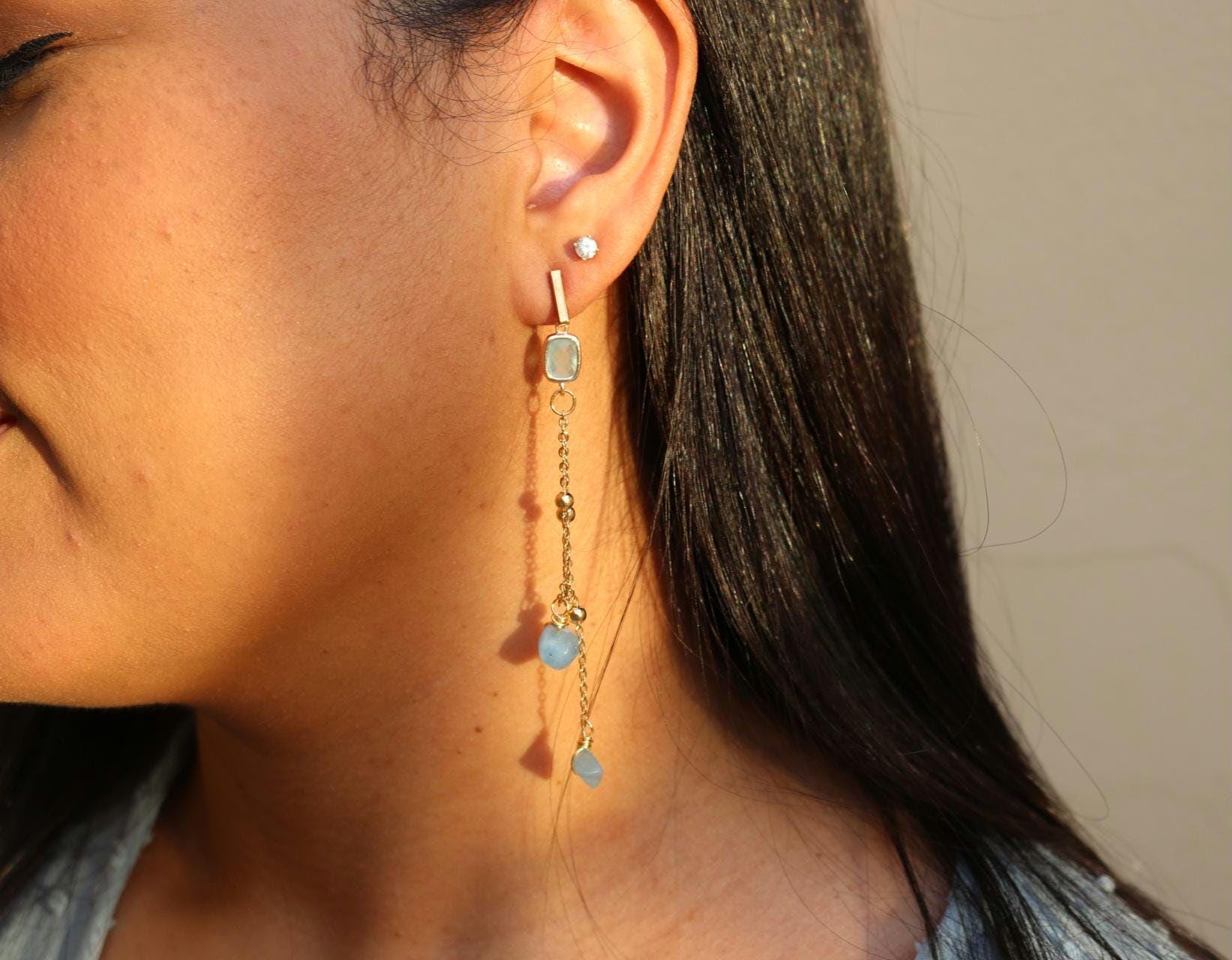 Aquamarine Earrings, BirthstoneEarrings, Threader aquamarine earrings,Raw Aquamarine Hoops, blue earrings, tiny gemstone, march birthstone