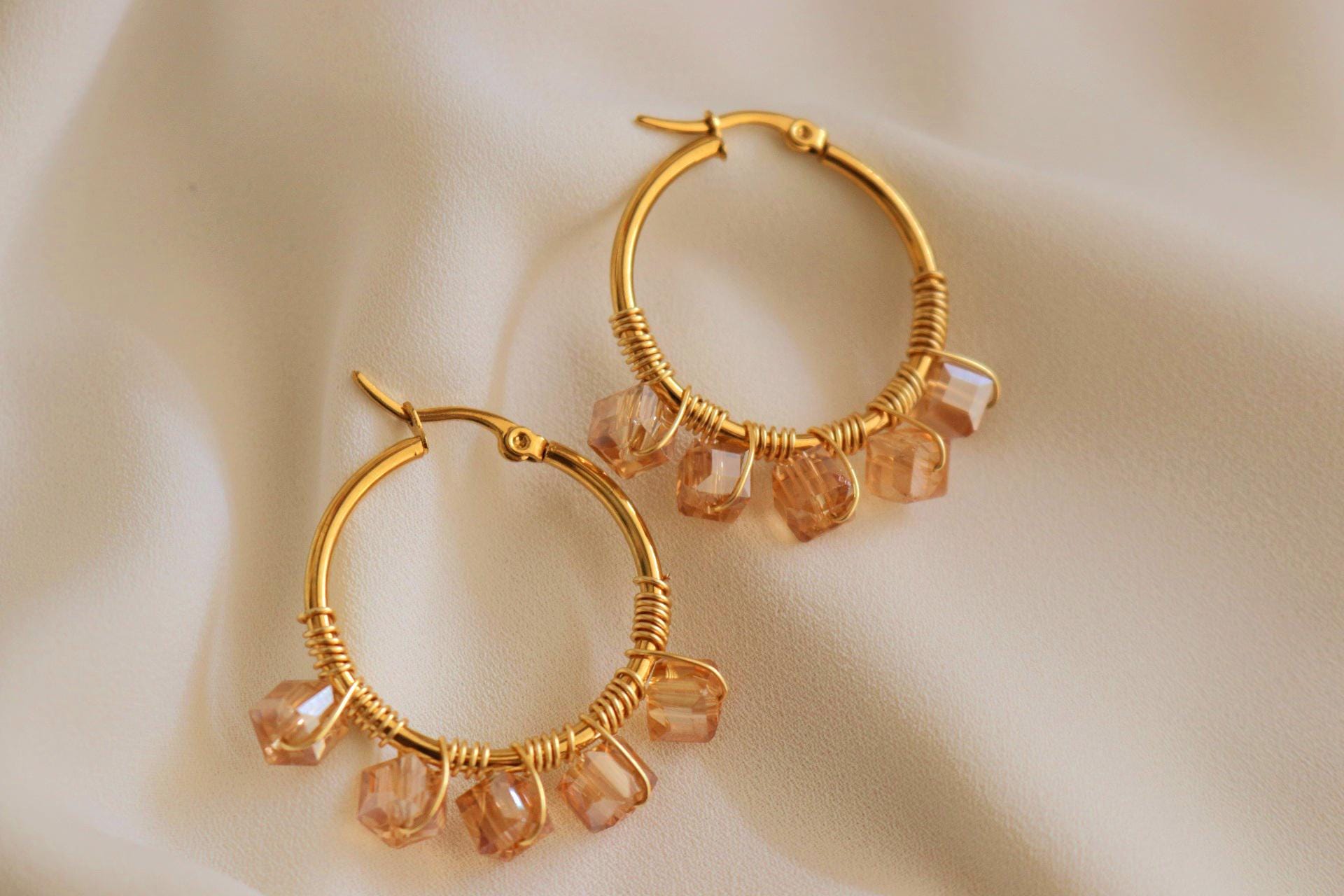 PEACH Crystal hoop earrings, Chunky hoop earrings, Unique hoop earrings, Gold chunky hoop earrings, Chunky geometric earrings