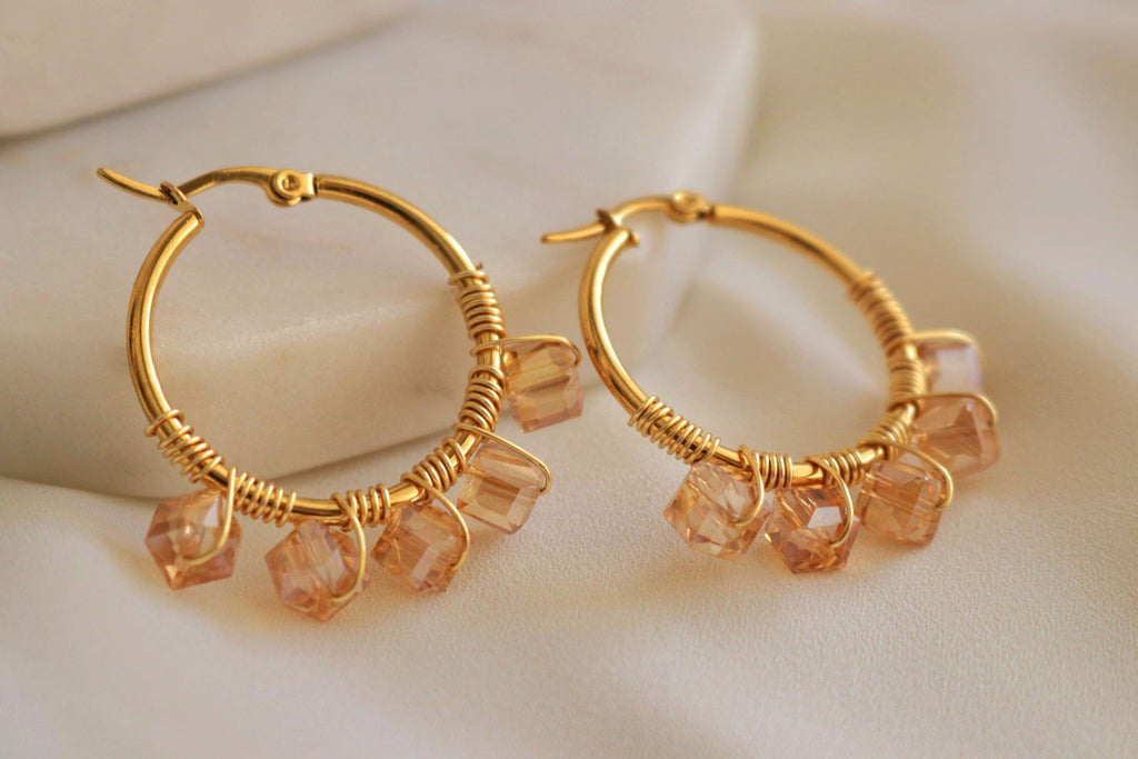 PEACH Crystal hoop earrings, Chunky hoop earrings, Unique hoop earrings, Gold chunky hoop earrings, Chunky geometric earrings