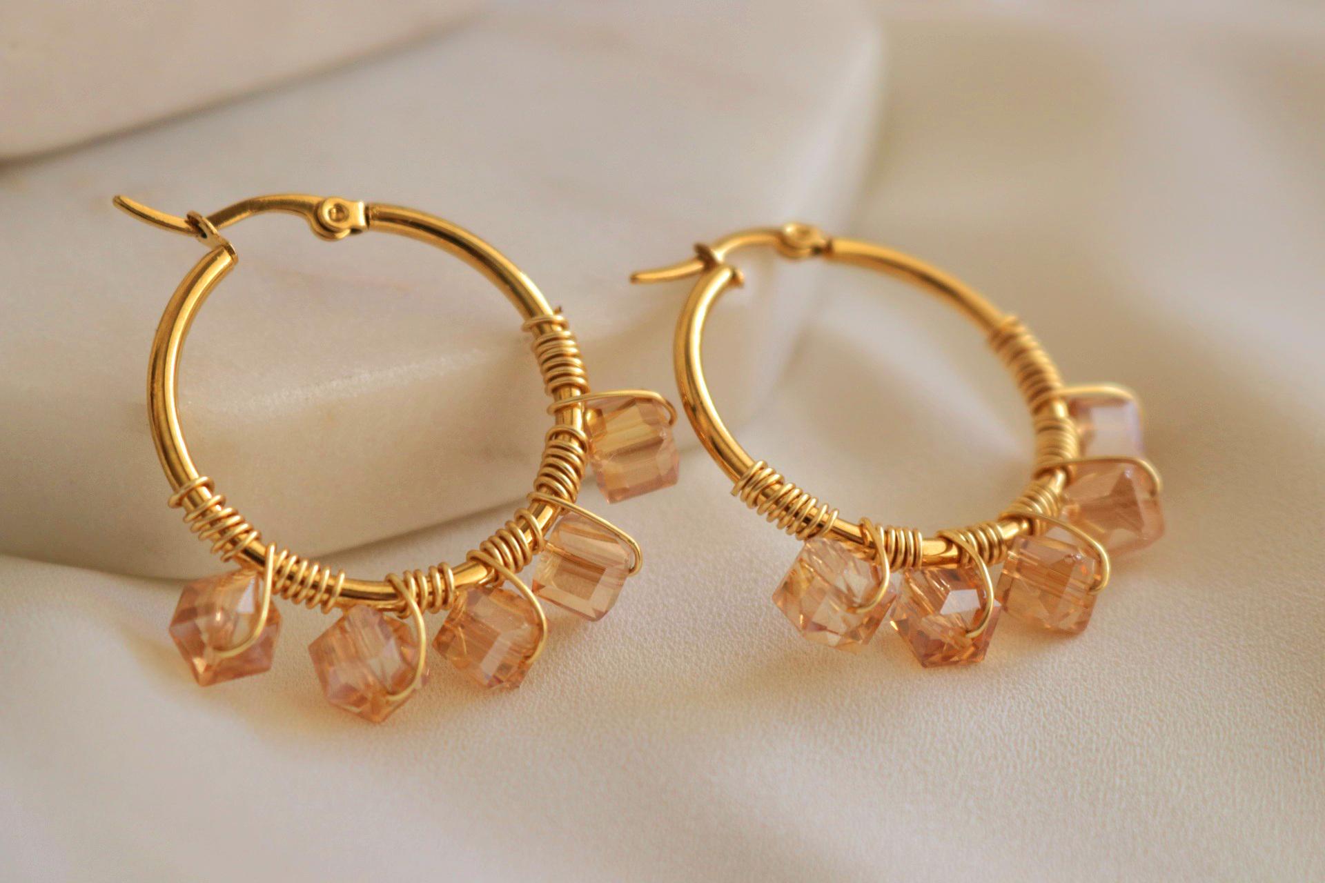 PEACH Crystal hoop earrings, Chunky hoop earrings, Unique hoop earrings, Gold chunky hoop earrings, Chunky geometric earrings