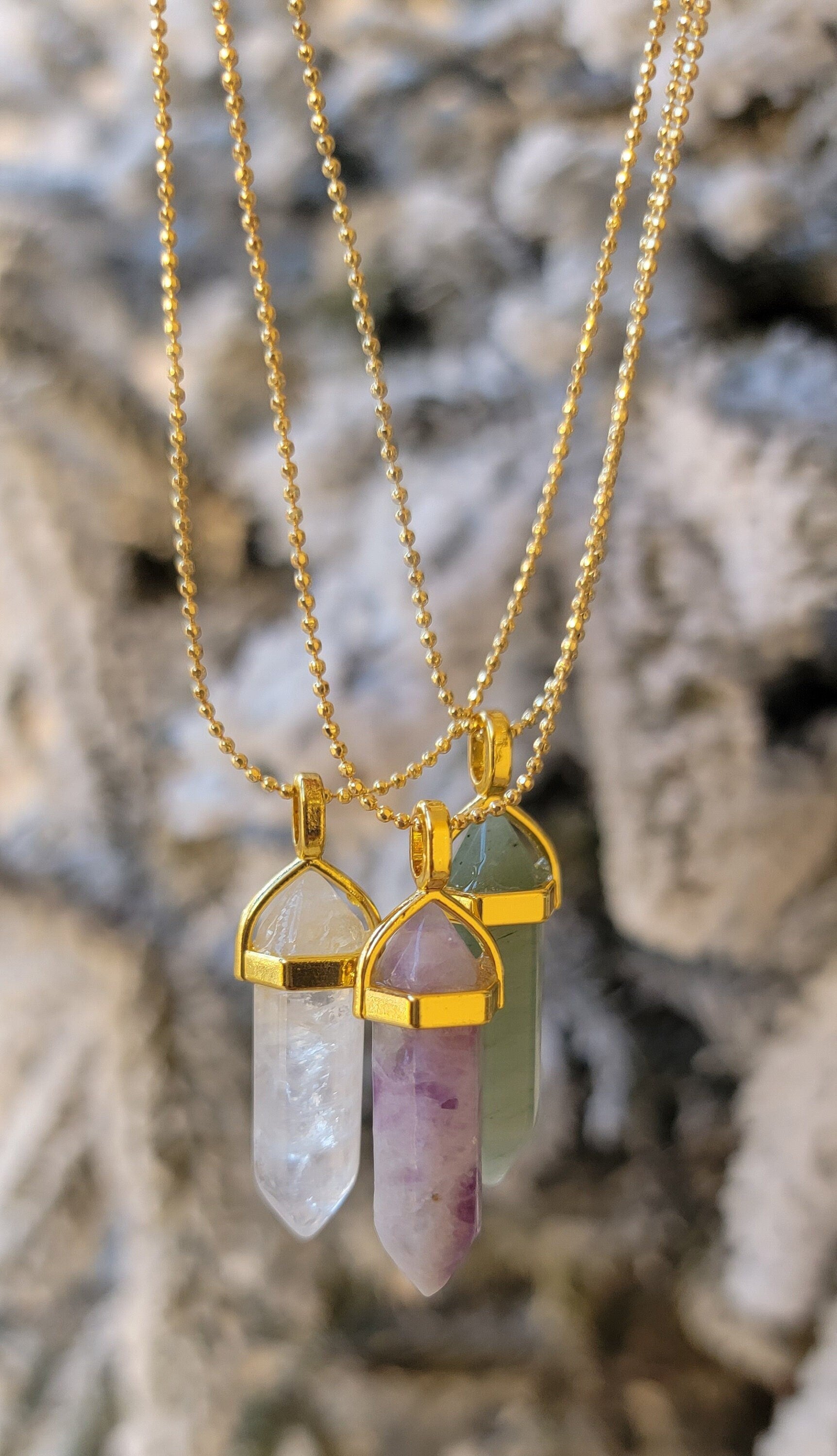 Clear Quartz Fluorite Green Aventurine point NECKLACE, Rainbow Fluorite Pendant Necklace, Green Aventurine aventurine Crystal necklace