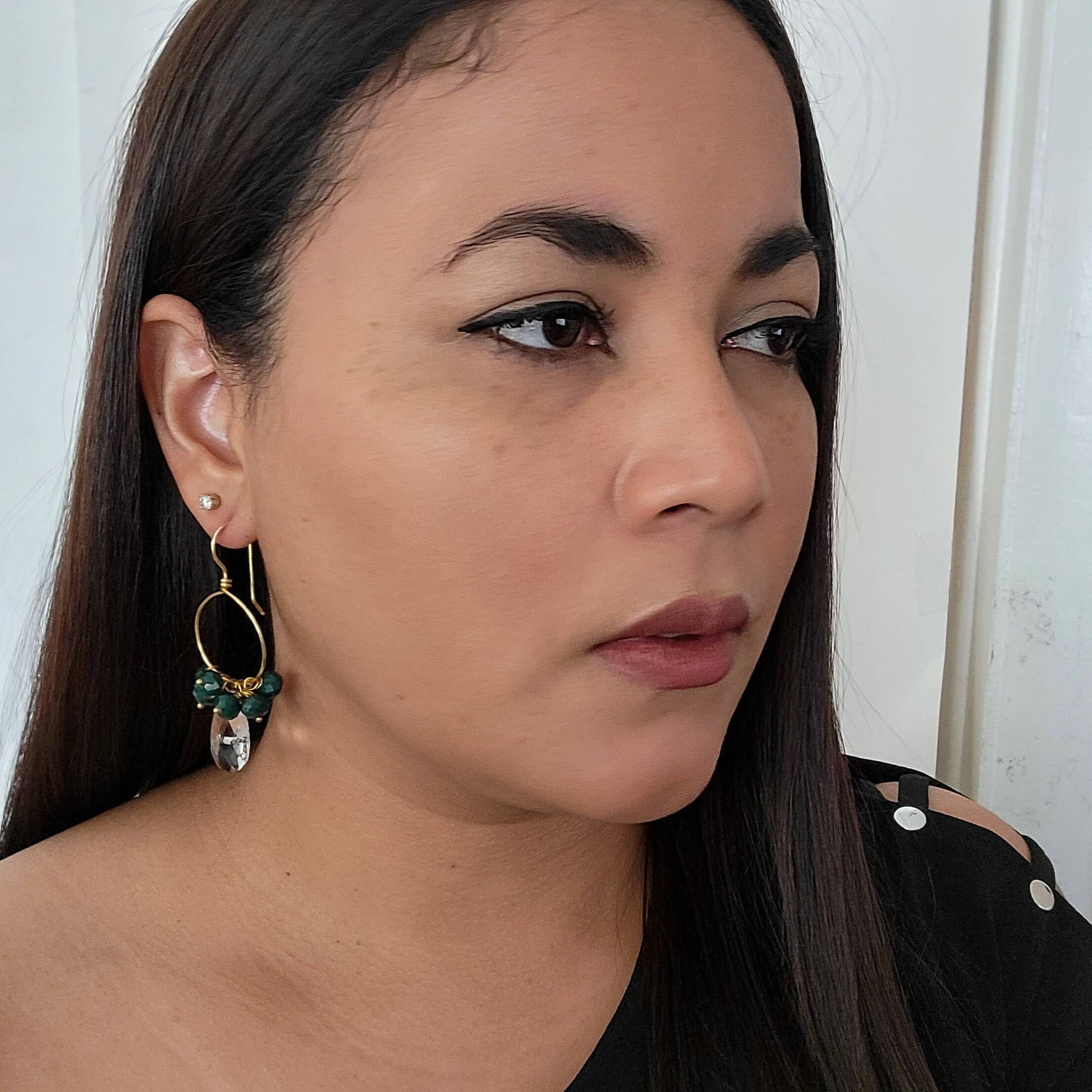 Gold Filled Wire Wrapped Crystal Huggies, Hypoallergenic Minimalist Gold Hoop Earrings, Hoop Earrings With Charm, hoop earrings with stones