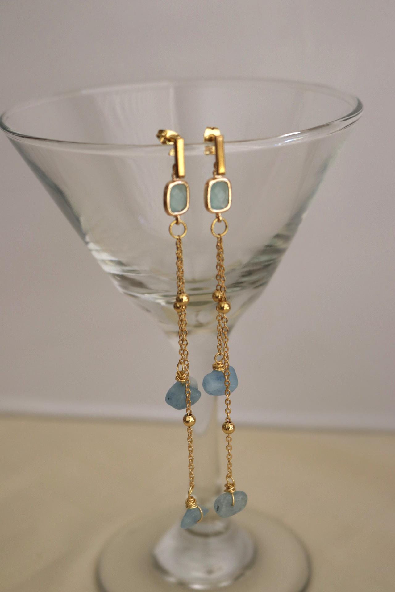 Aquamarine Earrings, BirthstoneEarrings, Threader aquamarine earrings,Raw Aquamarine Hoops, blue earrings, tiny gemstone, march birthstone