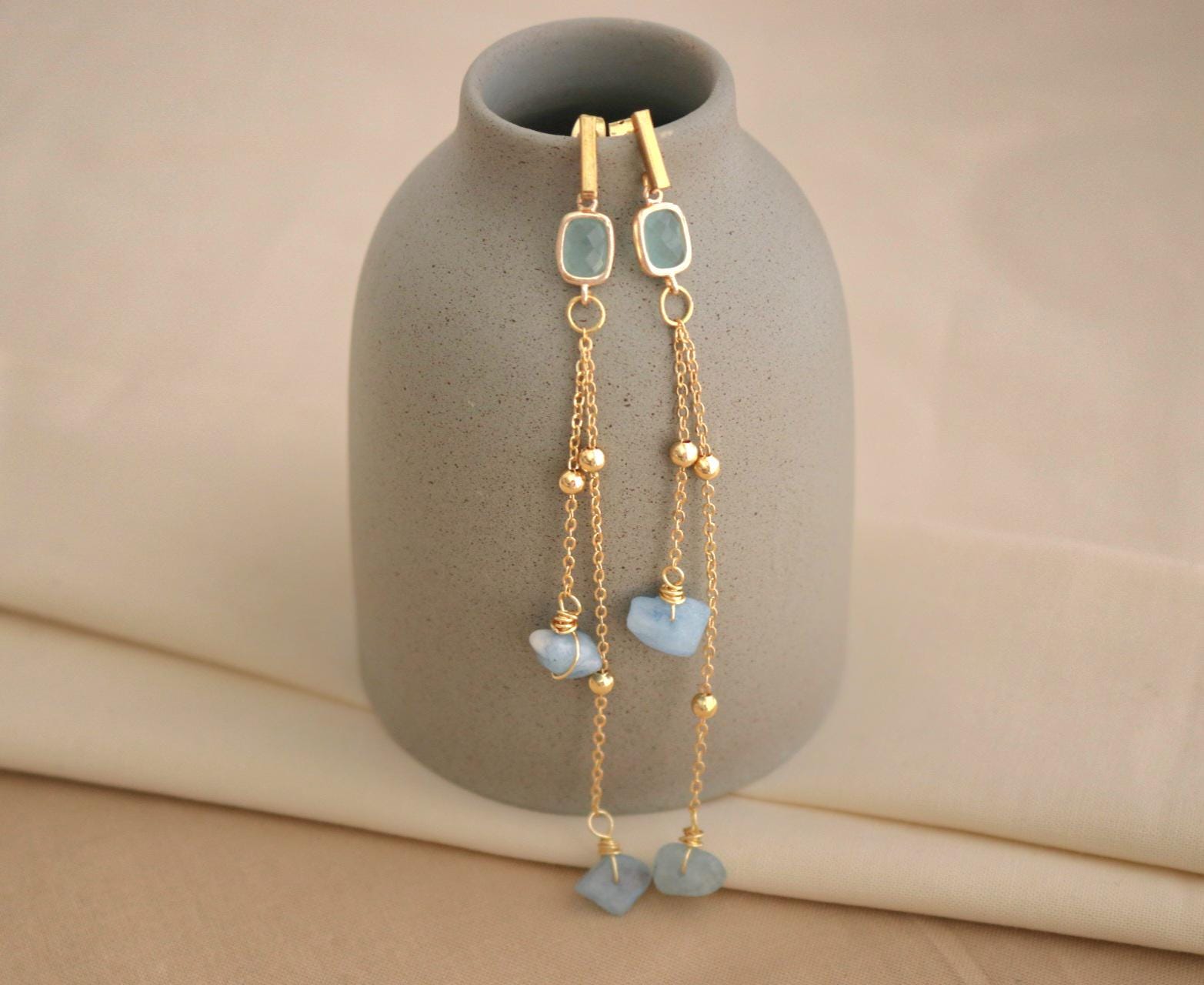 Aquamarine Earrings, BirthstoneEarrings, Threader aquamarine earrings,Raw Aquamarine Hoops, blue earrings, tiny gemstone, march birthstone