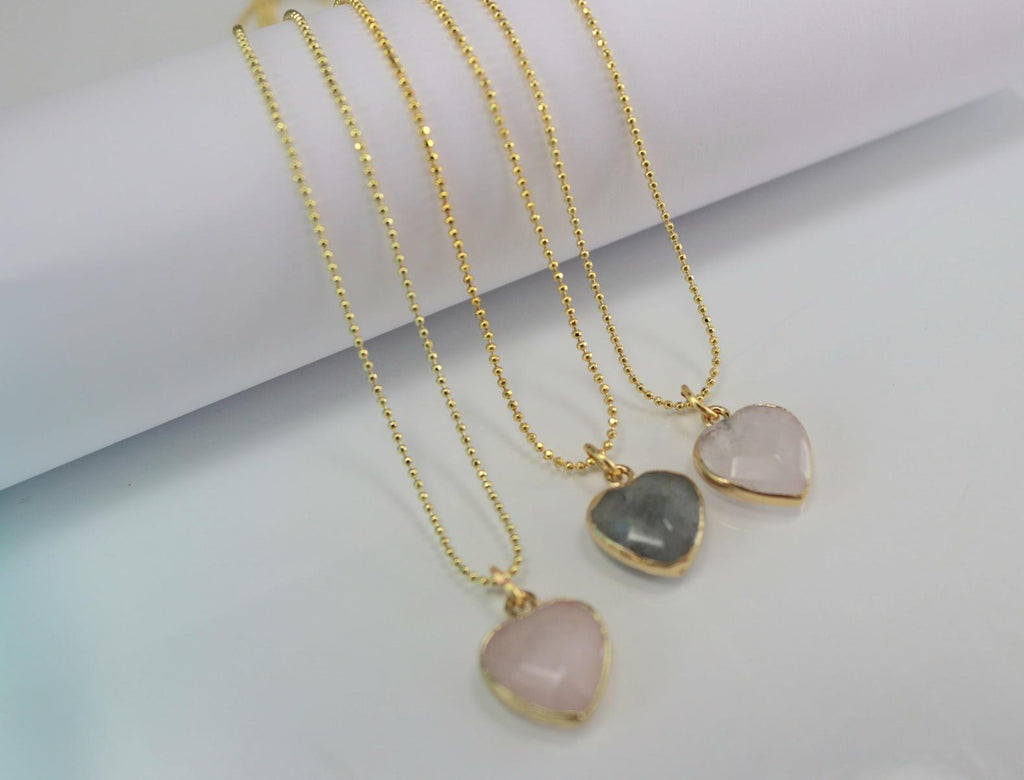 Heart Gemstone Necklace, Rose quartz necklace, Clear quartz necklace, thin gold necklaces, Labradorit necklace, Heart necklace gifted