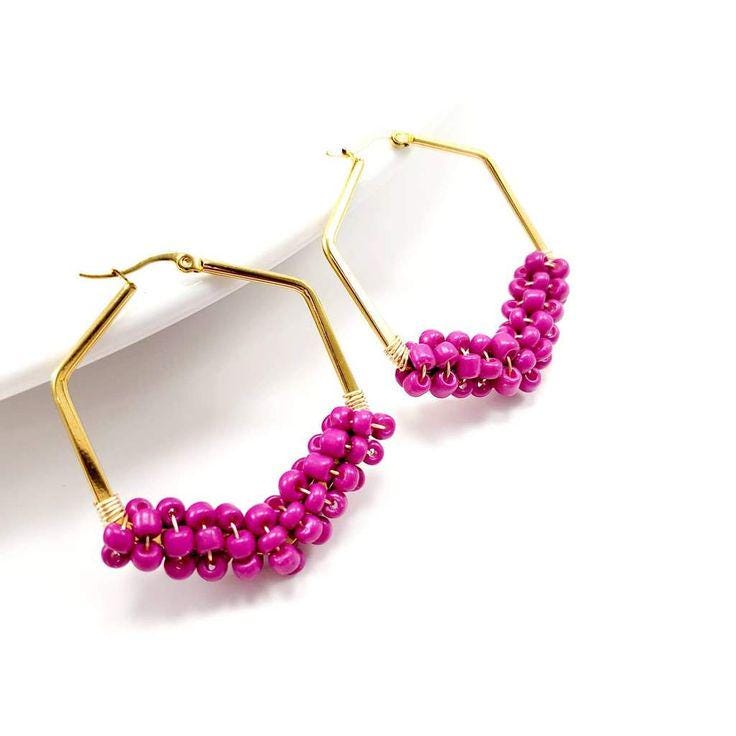 Hexagon Hoops Earrings, Beaded earrings hoop, Thick gold hoops, Gold filled hoops, dainty hoops earrings, mom giftful gift, giftful earrings