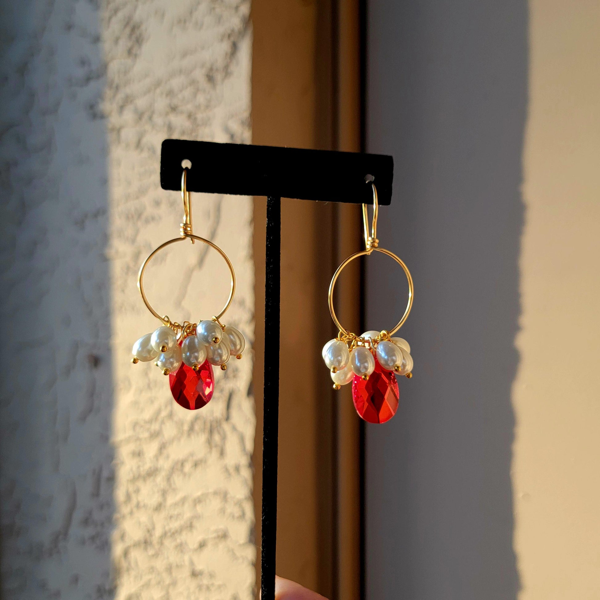 Pearl hoop earrings gold, Dangling Pearl Hoops, Thin gold hoops, Crystal hoop earrings, gifted earrings valentine's gift