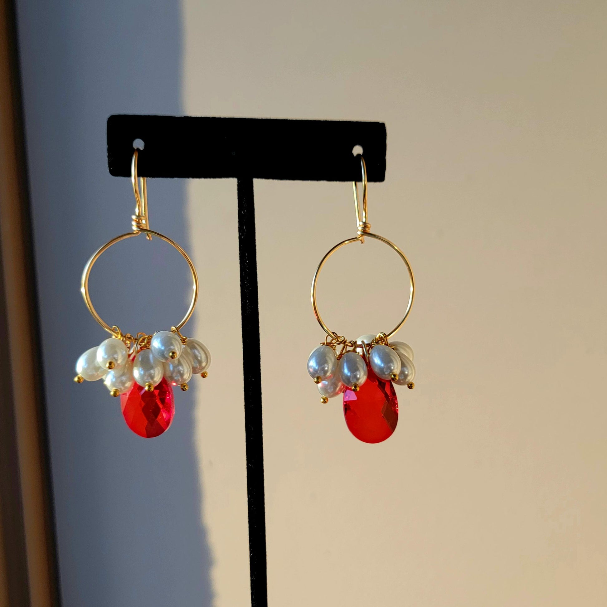 Pearl hoop earrings gold, Dangling Pearl Hoops, Thin gold hoops, Crystal hoop earrings, gifted earrings valentine's gift