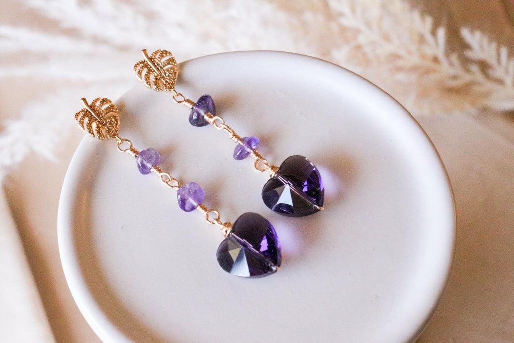 Amethyst Earrings, earrings drops, minimalistic earring, dropping earring, chained earring, gold leafed earrings, gift for- her, wife gifte