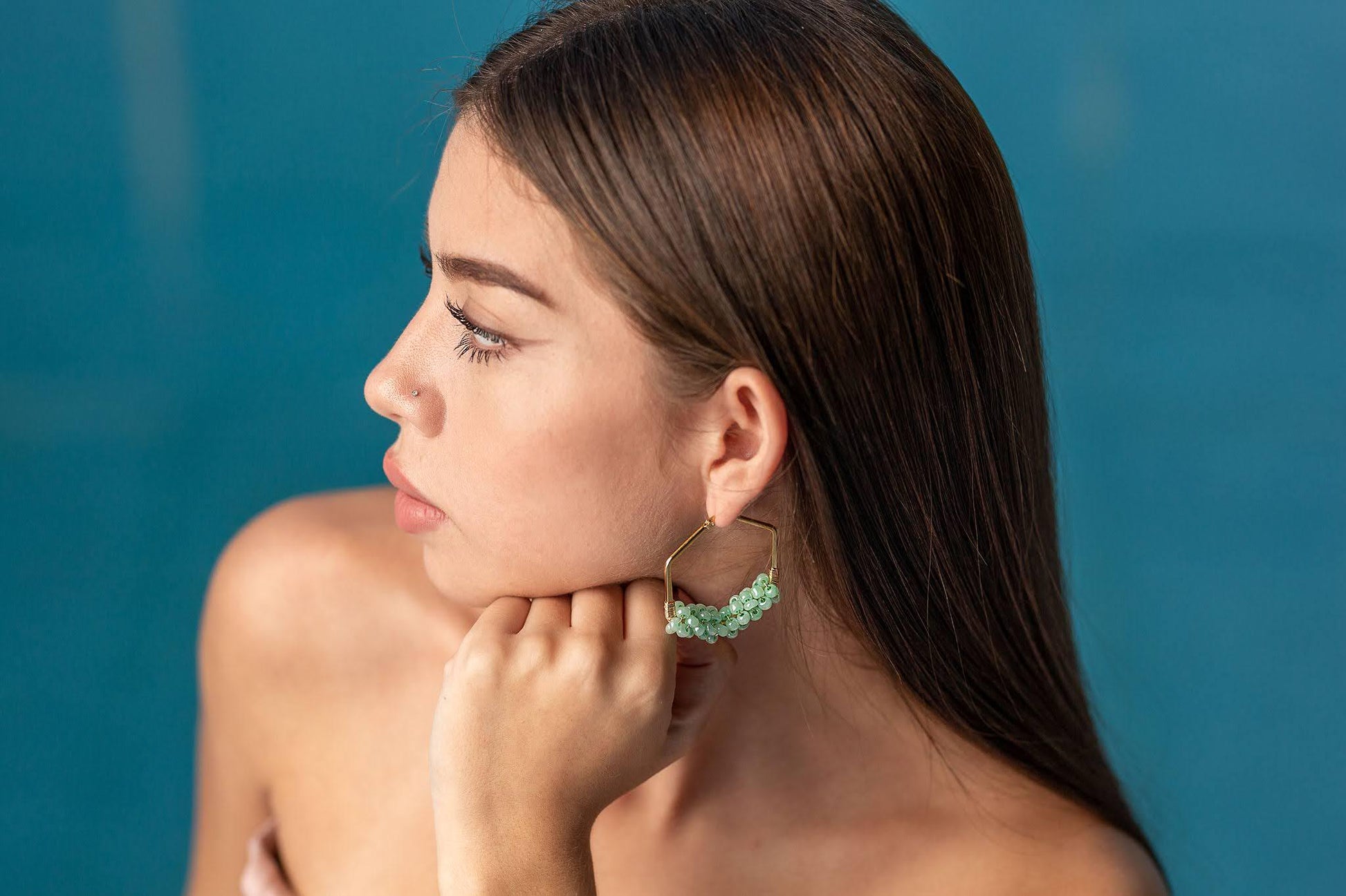 Lizz Franco Hexagon Earrings - Gold Beaded Hoop Earrings, Geometric Hoops