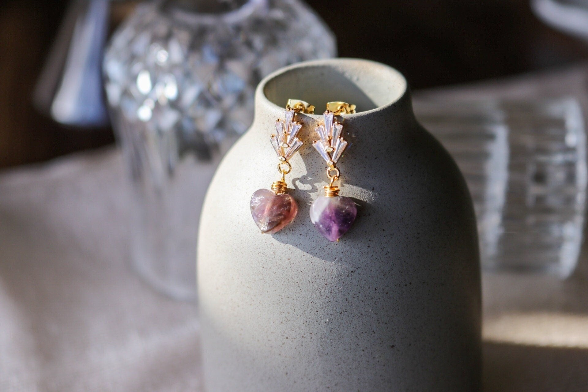 Heart amethyst earrings, Minimalistic earrings, Valentins earrings, gifted birthday, bridesmaide gift, anniversary giftful, giftful earrings