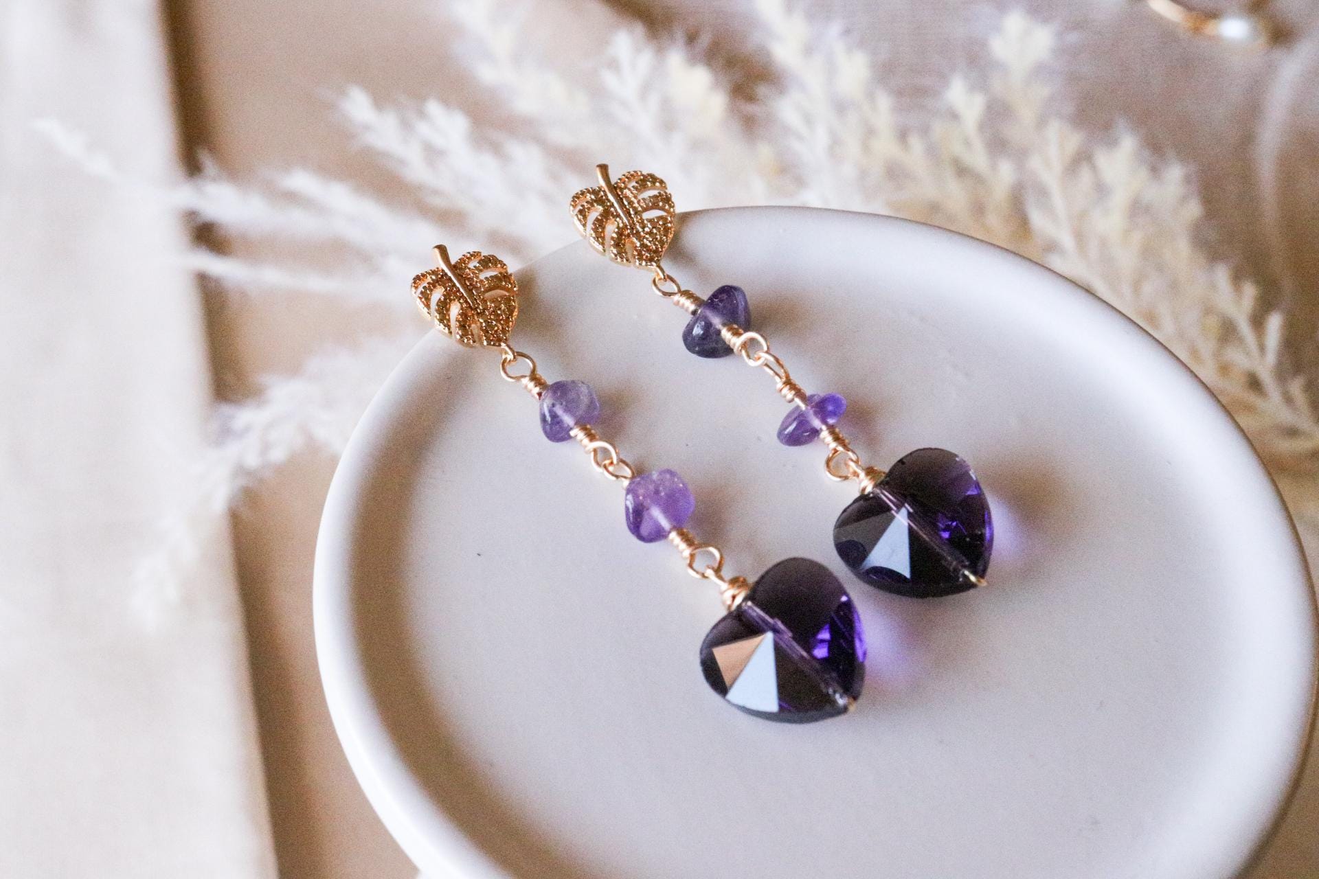 Amethyst Earrings, earrings drops, minimalistic earring, dropping earring, chained earring, gold leafed earrings, gift for- her, wife gifte