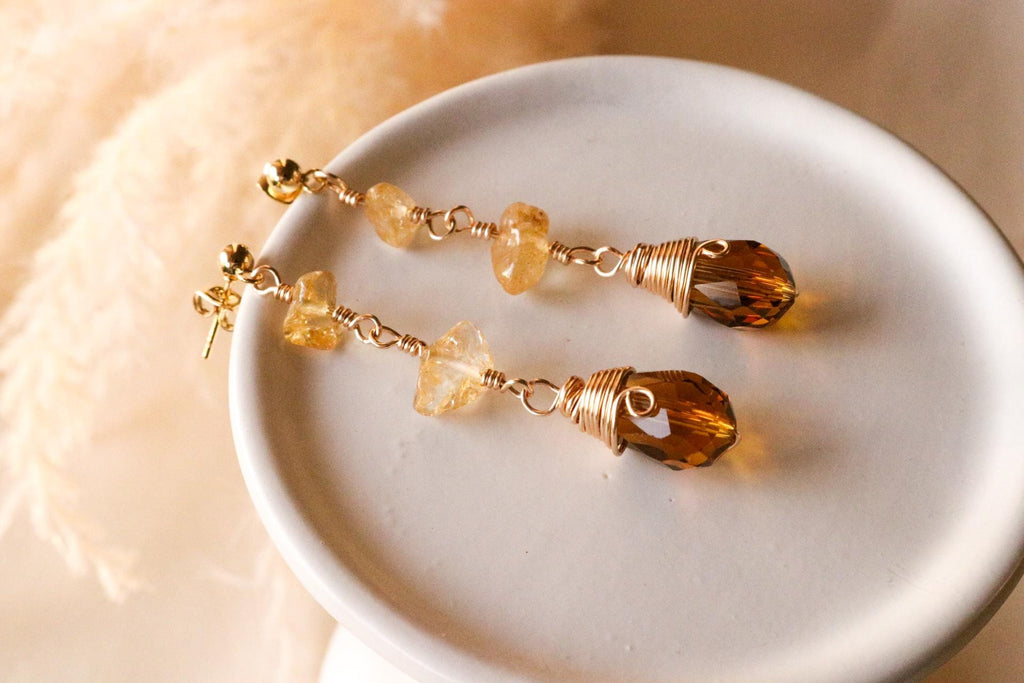 Citrine earrings, dropping earring, gold minimalistic earrings, earrings-chains, earrings threaded, mothers day giftful, gift for- her