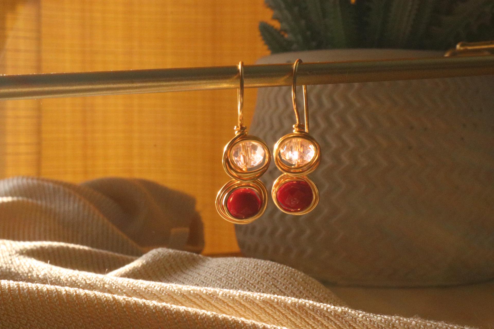 Red Crystal Earrings Dangle, Drop earrings for women, Drop earrings wedding, Modern earrings handmade, Valentines day  jewelry