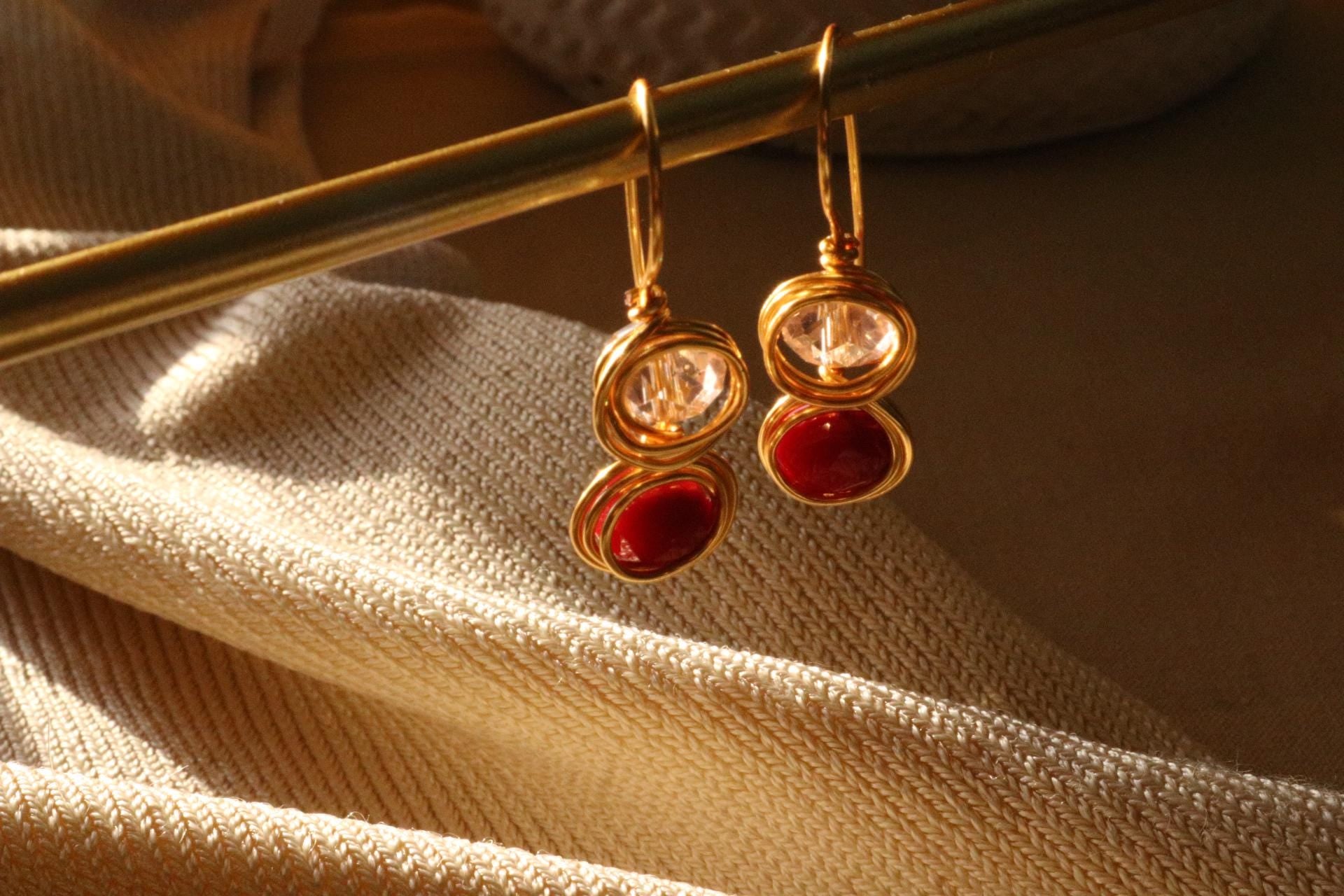 Red Crystal Earrings Dangle, Drop earrings for women, Drop earrings wedding, Modern earrings handmade, Valentines day  jewelry
