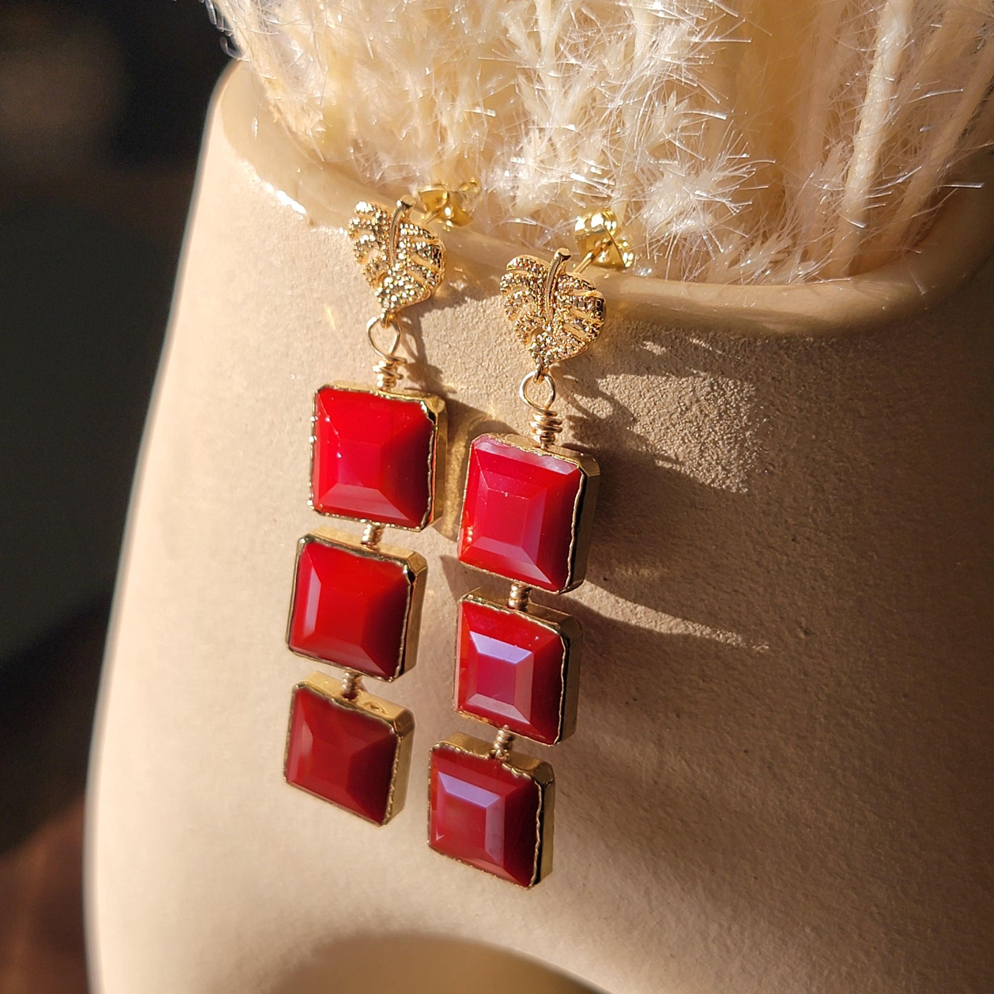 Red drops earrings, Dainty minimalist earrings, leaf earrings gift, dropping earring, earrings summer, summer earring gift, giftful earring