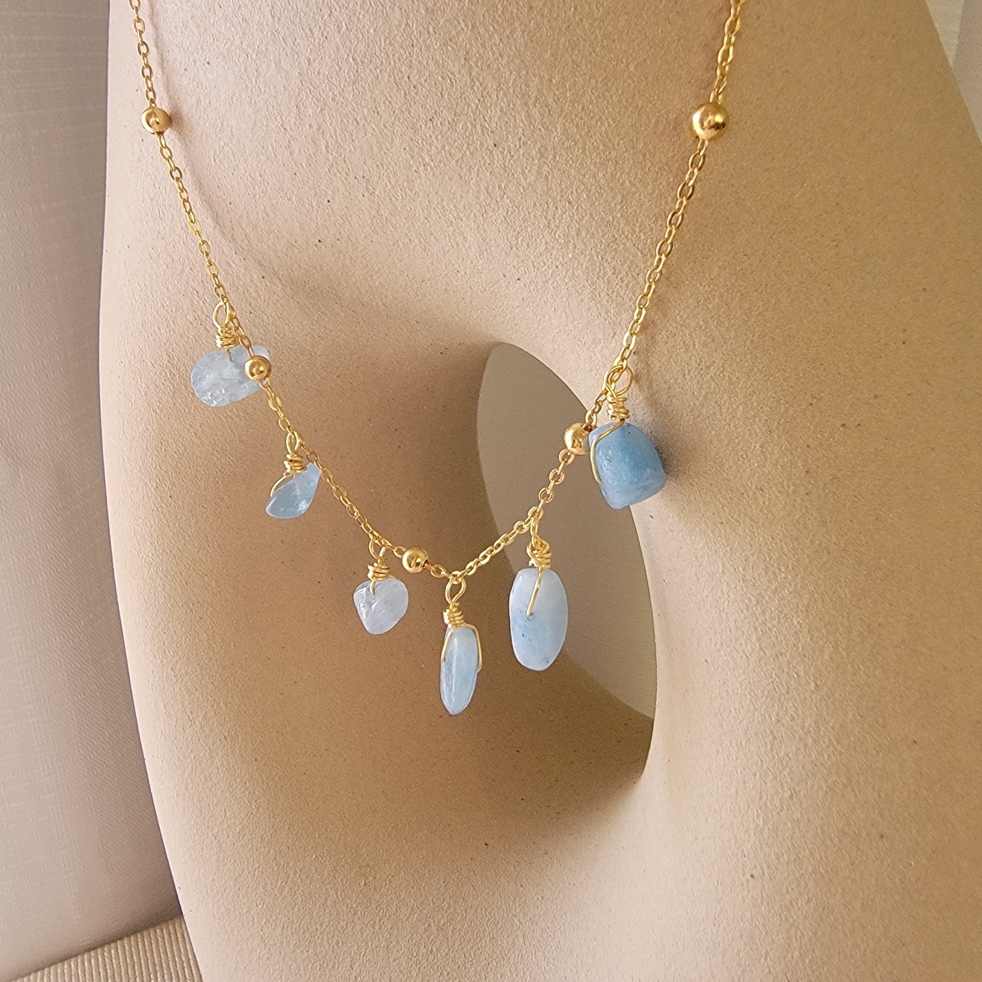 Aquamarine Necklace, Aquamarine charm Layered Gold Filled Necklace, multi charm necklace, Gold Stacked Necklaces, summer necklace