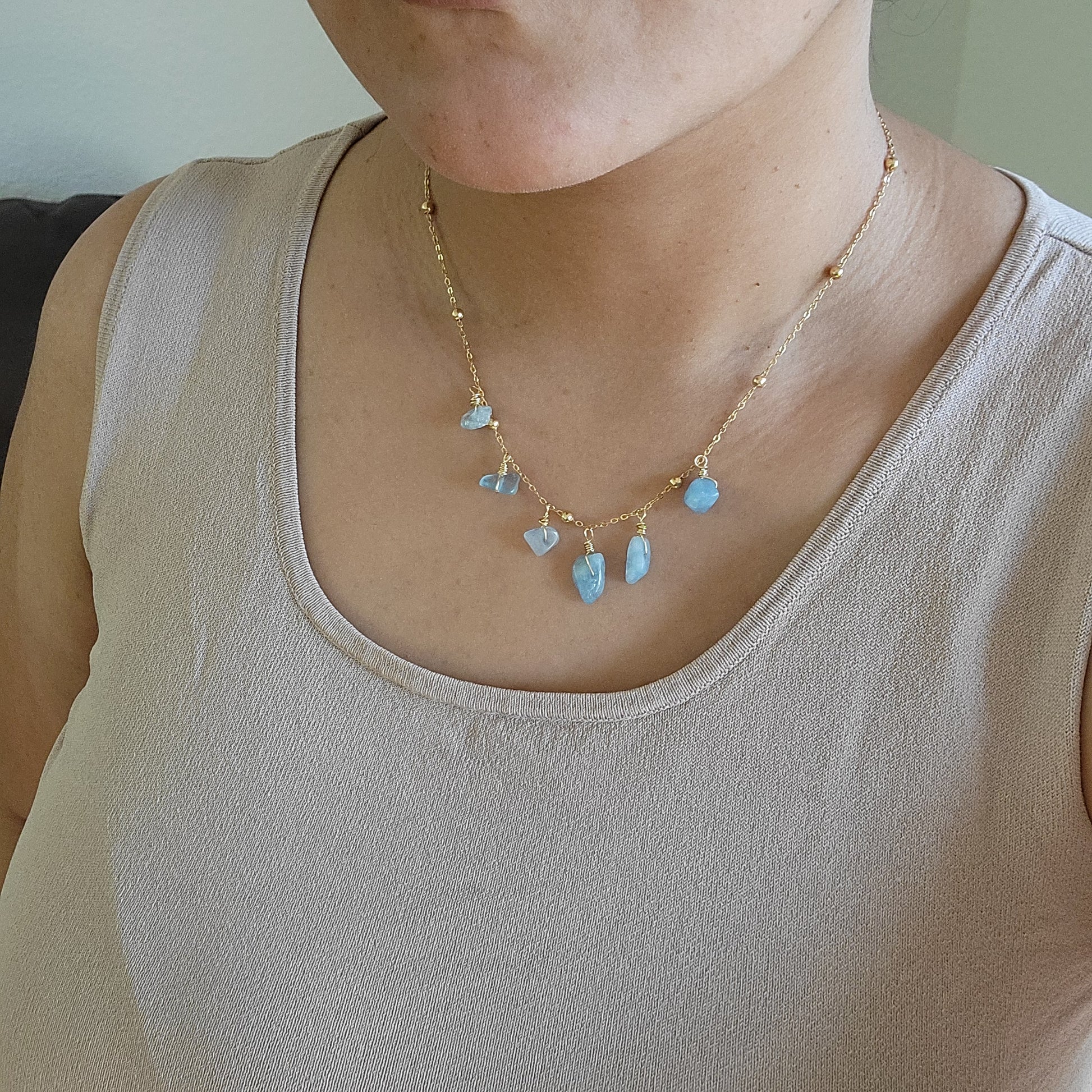 Aquamarine Necklace, Aquamarine charm Layered Gold Filled Necklace, multi charm necklace, Gold Stacked Necklaces, summer necklace