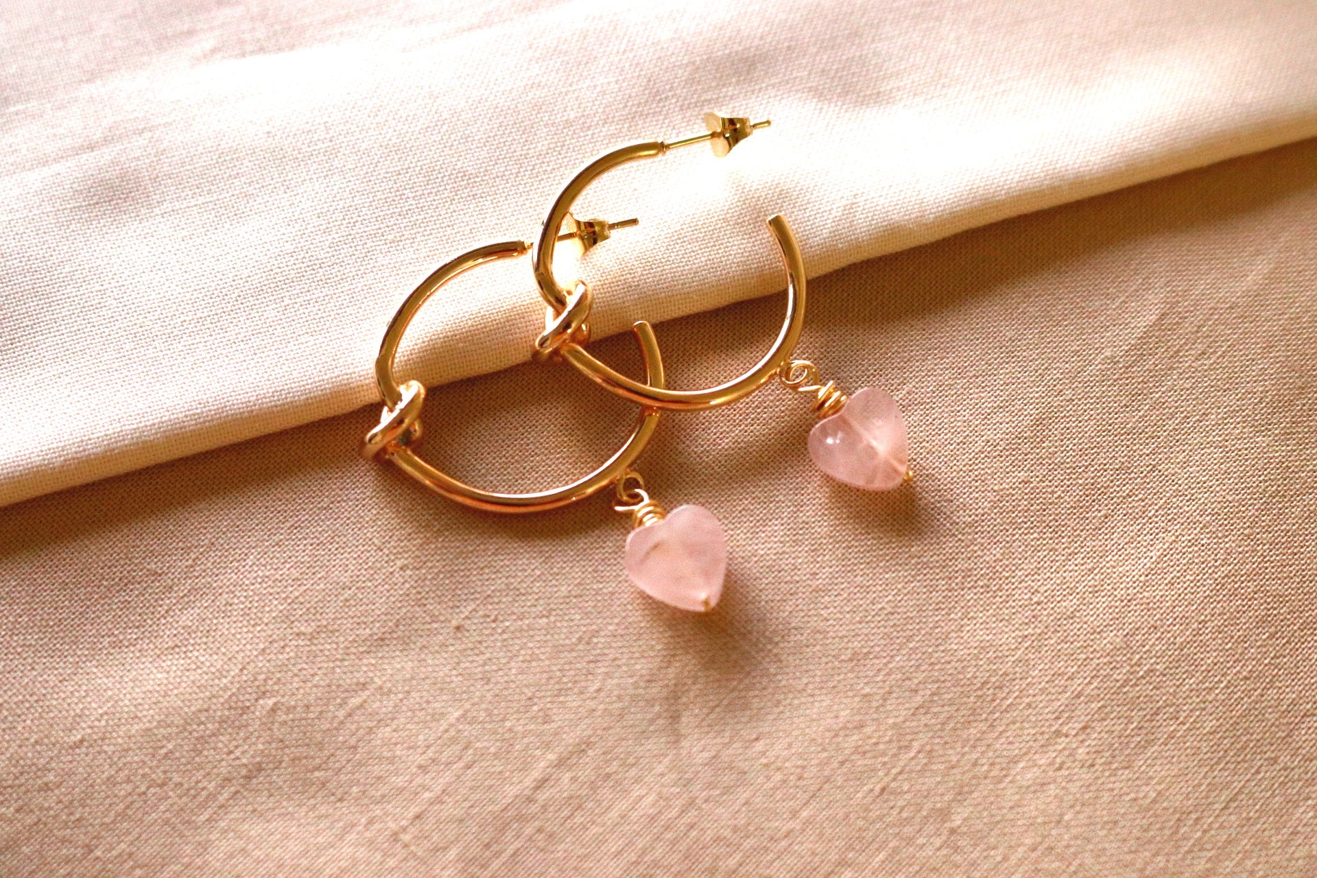 Rose Quartz Hoop Earrings - Gold Crystal Gemstone Hoops | Dainty Style